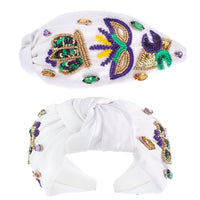 Mard Gras Sequined Top Knot Headband with Crown, Fleur de lis and Mask