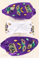 Mard Gras Sequined Top Knot Headband with Crown, Fleur de lis and Mask