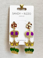 Mardi Gras Triple Crown Dangle Earrings