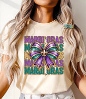 Mardi Gras Words with Faux Glitter Bow Graphic Tee