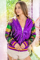 MARDI GRAS COLOR BLOCK SEQUIN BOMBER JACKET