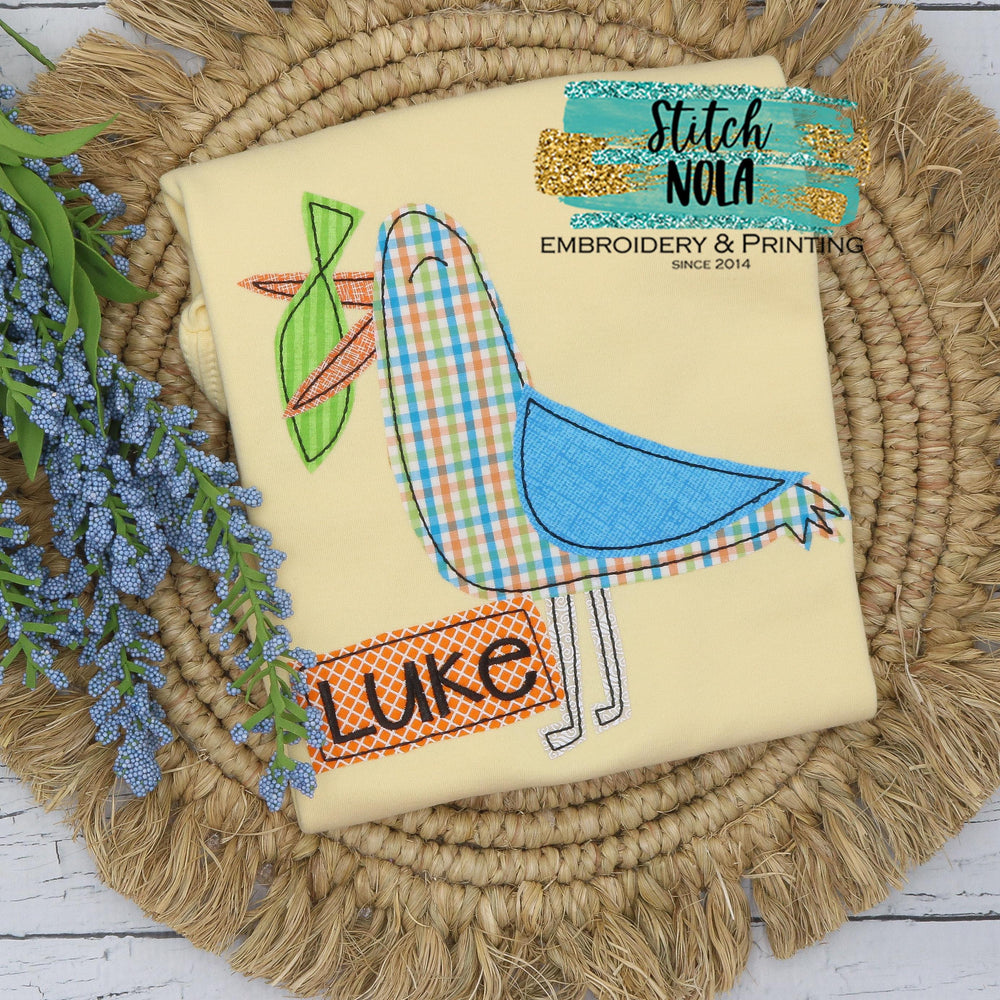 Personalized Seagull with Fish Appliqué on Colored Garment