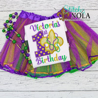 Personalized 1st Birthday Mardi Gras Applique with Fleur de lis Shirt