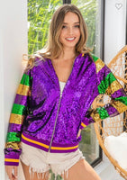 MARDI GRAS COLOR BLOCK SEQUIN BOMBER JACKET