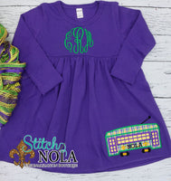 Personalized Mardi Gras Dress with Monogram & Street Car Applique Colored Garment