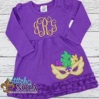 Personalized Mardi Gras Dress with Monogram feather Applique Colored Garment