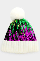 Mardi Gras Sequin Pom Pom Beanie Hat
