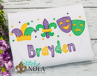 Personalized Mardi Gras Jester Hat, Fleur de lis, & Masks with Confetti Trio Sketch Shirt