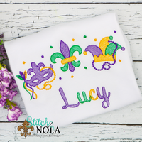 Personalized Mardi Gras Mask, Fleur de lis, & Jester Hat with Confetti Trio Sketch Shirt