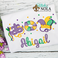 Personalized Mardi Gras Trio,, King Cake, & Jester Hat with Confetti Trio Sketch Shirt