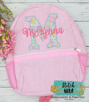 Personalized Seersucker Backpack with Floral Letter Applique, Seersucker Diaper Bag, Seersucker School Bag, Seersucker Bag, Diaper Bag, School Bag