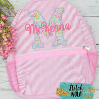 Personalized Seersucker Backpack with Floral Letter Applique, Seersucker Diaper Bag, Seersucker School Bag, Seersucker Bag, Diaper Bag, School Bag