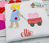Personalized Valentine Child Pulling Heart in Wagon Sketch Shirt