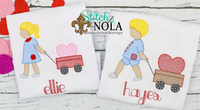 Personalized Valentine Child Pulling Heart in Wagon Sketch Shirt