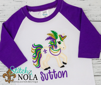 Personalized Mardi Gras Unicorn Dressed Up Applique Shirt