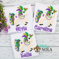 Personalized Mardi Gras Unicorn Dressed Up Applique Shirt