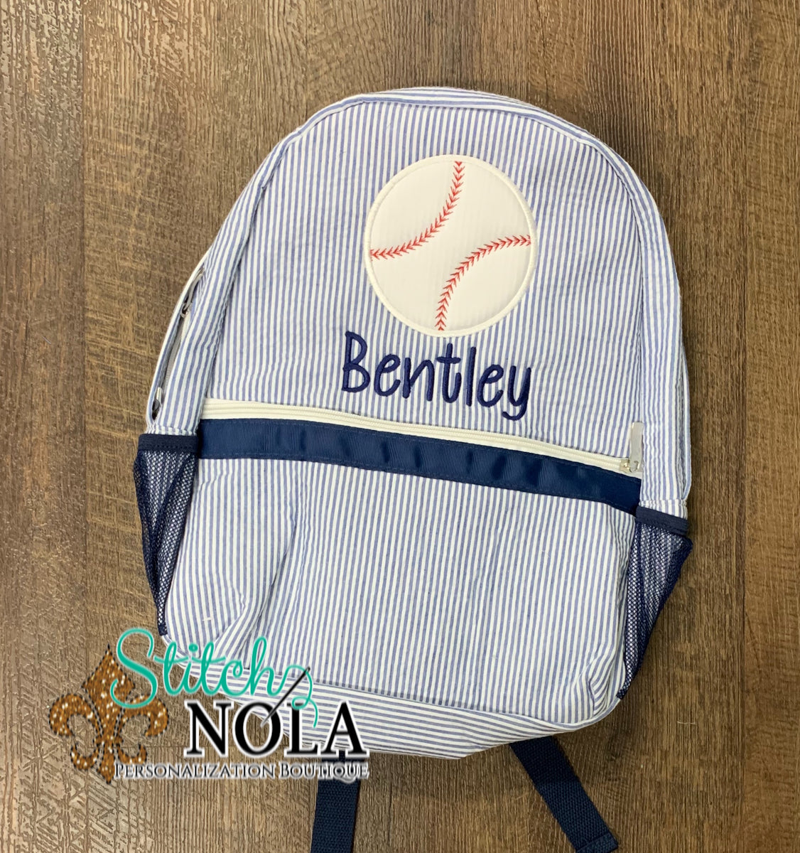 Personalized Seersucker Backpack with Baseball Trio Applique, Seersuck