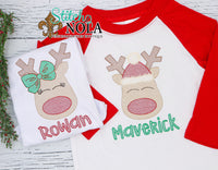 Personalized Christmas Reindeer with Santa Hat or Bow Sketch Shirt