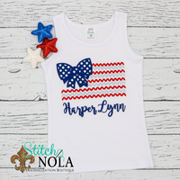 Personalized Patriotic Bow Flag With Zig Zag Stripes Applique Shirt