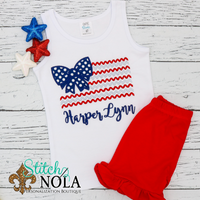 Personalized Patriotic Bow Flag With Zig Zag Stripes Applique Shirt