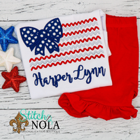 Personalized Patriotic Bow Flag With Zig Zag Stripes Applique Shirt