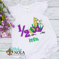 Personalized Half Birthday Mardi Gras Unicorn Applique Shirt