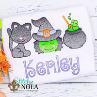 Personalized Halloween Black Cat Witch Cauldron Trio Sketch Shirt
