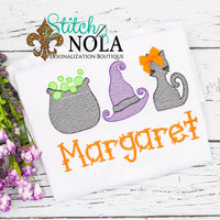 Personalized Halloween Cauldron Witch Hat Black Cat Trio Sketch Shirt