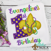 Personalized 1st Birthday Mardi Gras Applique with Fleur de lis Shirt