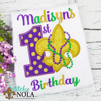 Personalized 1st Birthday Mardi Gras Applique with Fleur de lis Shirt