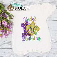Personalized 1st Birthday Mardi Gras Applique with Fleur de lis Shirt