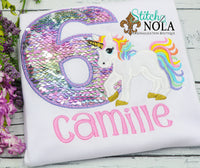 Personalized Flip Sequin Unicorn Birthday Applique Shirt