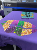 Adult Mardi Gras Lips Printed Tee FAUX GLITTER!!