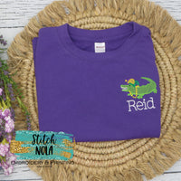Personalized Mardi Gras Alligator with Beads and Jester Hat Left Chest on Colored Garment