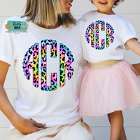 Adult Leopard Rainbow Scalloped Monogram Printed Tee