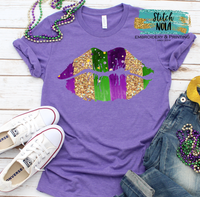 Adult Mardi Gras Lips Printed Tee FAUX GLITTER!!