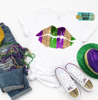 Adult Mardi Gras Kisses Lips with Faux Glitter Printed Tee
