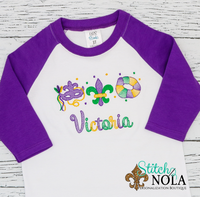 Personalized Mardi Gras Mask, Fleur de lis, & King Cake with Confetti Trio Sketch Shirt