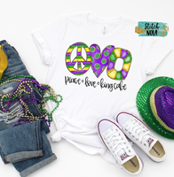 Adult Peace Love King Cake Mardi Gras Printed Tee