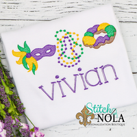 Personalized Mardi Gras Mask, Beads, & King Cake Trio Sketch Shirt