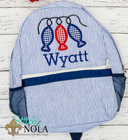 Personalized Seersucker Backpack with Fishing Lures Applique, Seersucker Diaper Bag, Seersucker School Bag, Seersucker Bag, Diaper Bag, School Bag