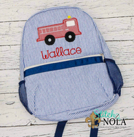Personalized Seersucker Backpack with Fire Truck Applique, Seersucker Diaper Bag, Seersucker School Bag, Seersucker Bag, Diaper Bag, School Bag, Book