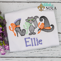 Personalized Halloween Witch Boot Black Cat Witch Hat Trio Sketch Shirt