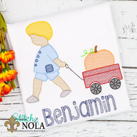 Personalized Child Pulling Pumpkin in Wagon Sketch Shirt