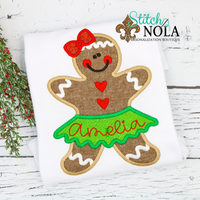 Personalized Christmas Girl Gingerbread Cookie with Skirt Applique Shirt