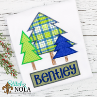 Personalized Blue & Pink Christmas Tree Bunch Applique Shirt