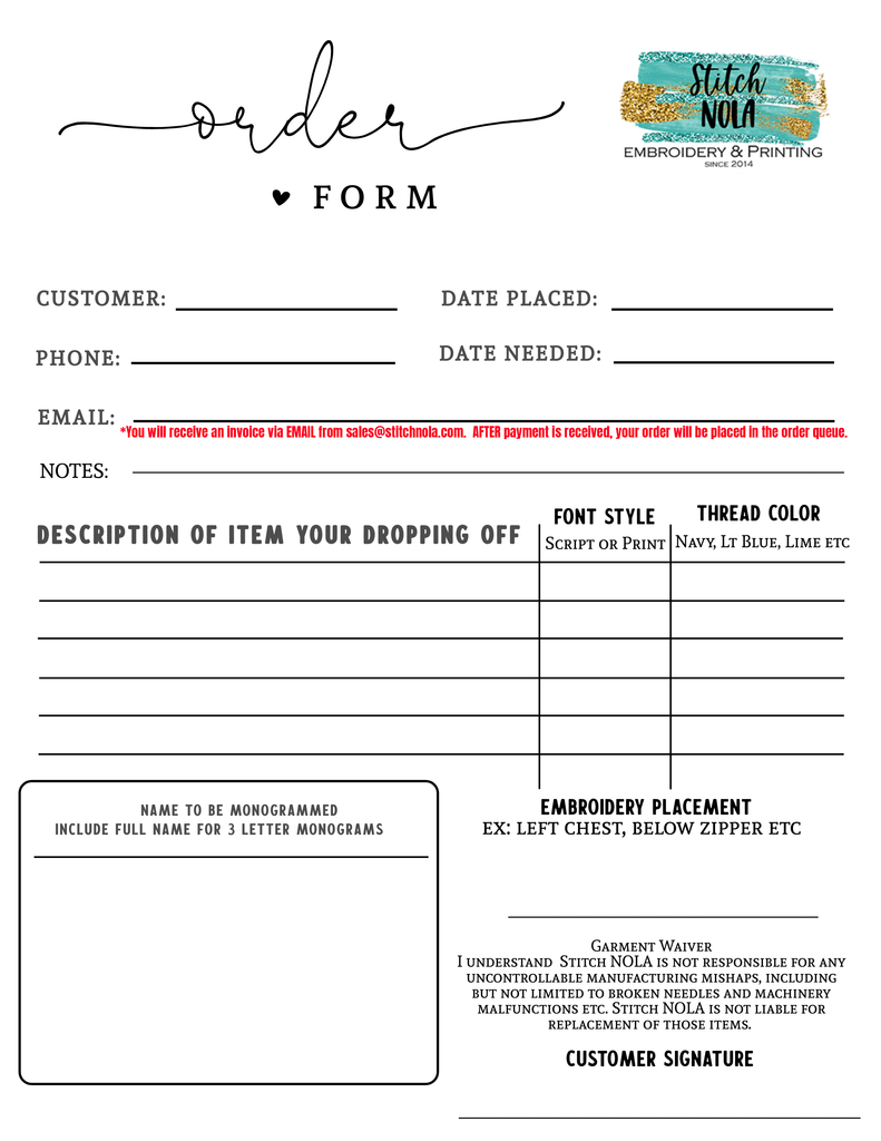 Drop Off Order Form | Stitch NOLA