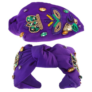Mard Gras Sequined Top Knot Headband with Crown, Fleur de lis and Mask