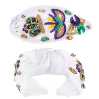 Mard Gras Sequined Top Knot Headband with Crown, Fleur de lis and Mask
