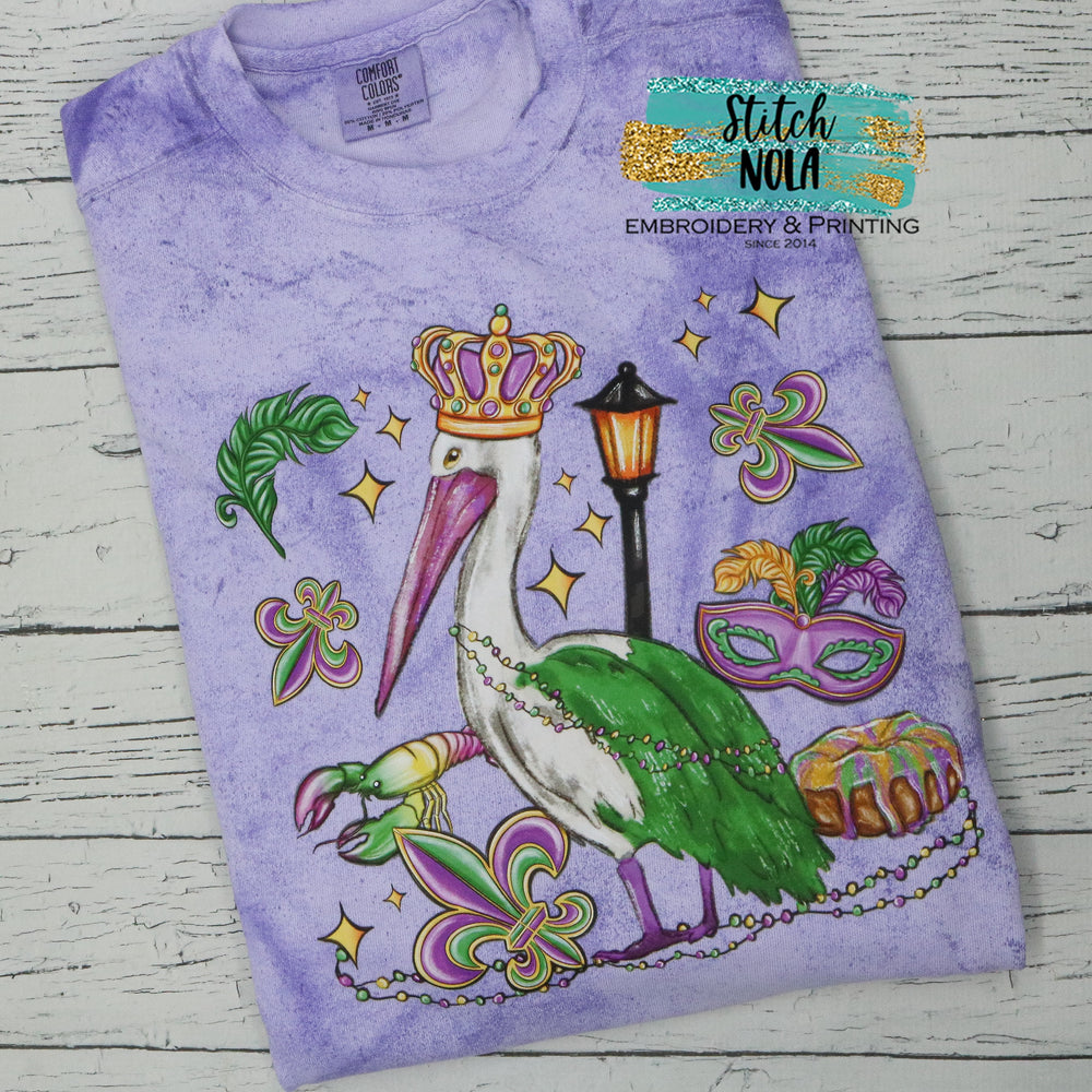 Mardi Gras Pelican with Crown Printed Tee or Sweatshirt
